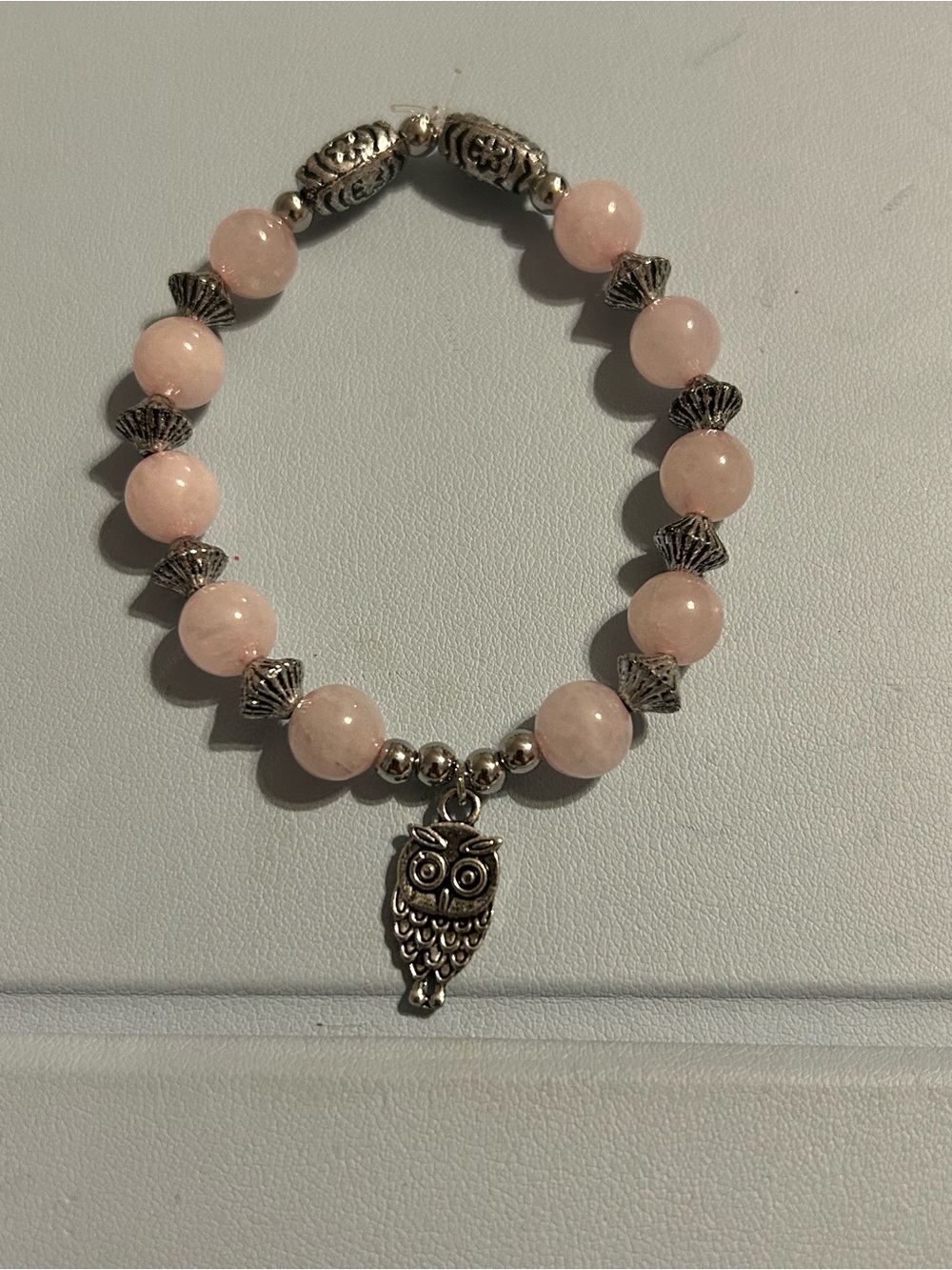 Rose
Quartz Beaded Bracelet with Owl Charm - Women Jewelry